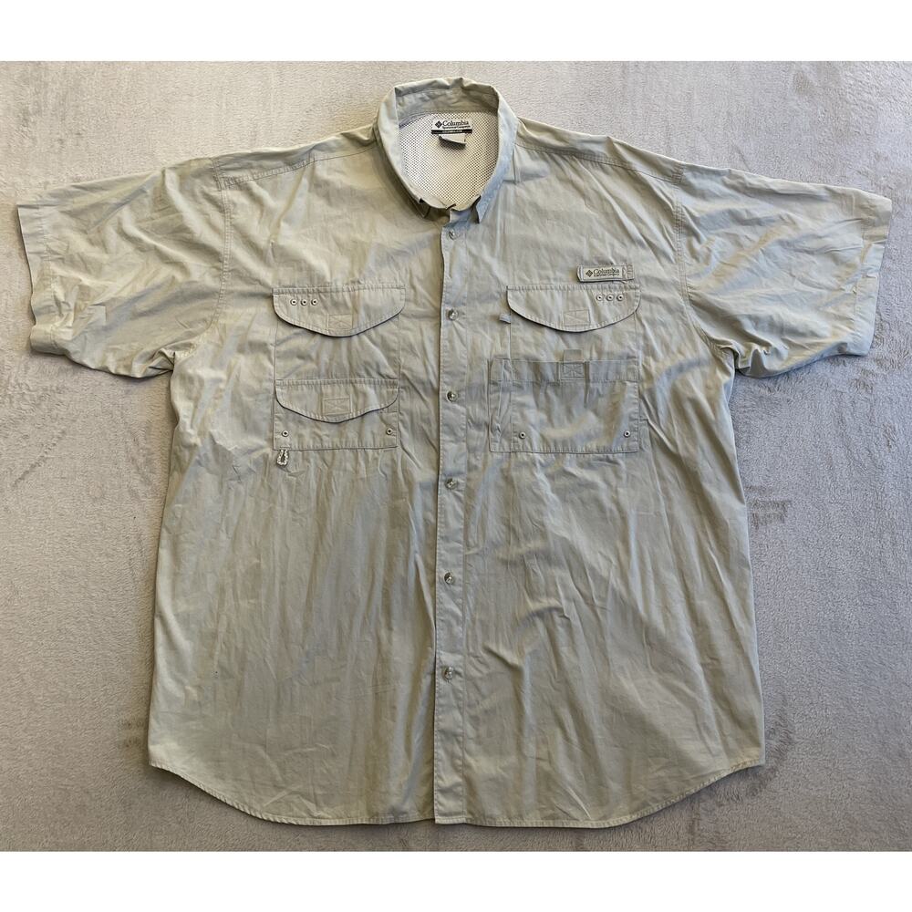 Columbia PFG Shirt Mens Medium Beige Button Up Vented Lightweight Cargo Mesh